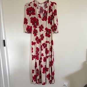 ba&sh Red Puff Sleeve V-Neck Midi Sundress